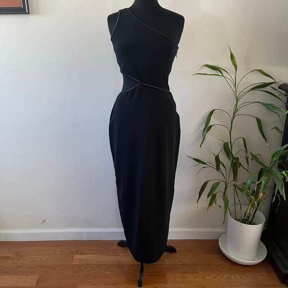 Vtg Y2K Cache One Shoulder Cut Out Maxi Dress 12 Black Split Formal Evening Gown - Picture 1 of 10